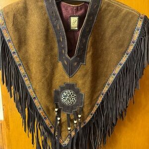Stylish Brown Suede Fringe Poncho with Animal Accent